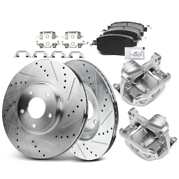 8 Pcs Front Drilled Brake Rotors & Pads + Brake Calipers for 2003-2005 INFINITI FX45