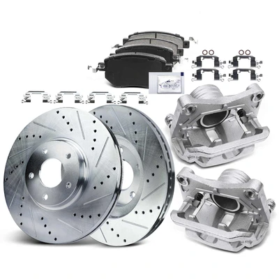 8 Pcs Front Drilled Brake Rotors & Pads + Brake Calipers