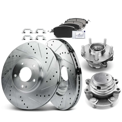 8 Pcs Front Drilled Brake Rotor & Pads + Wheel Hub Bearing