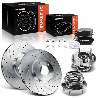 8 Pcs Front Drilled Brake Rotor & Pads + Wheel Hub Bearing