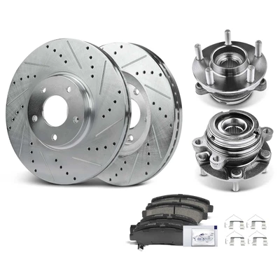 8 Pcs Front Drilled Brake Rotor & Pads + Wheel Hub Bearing