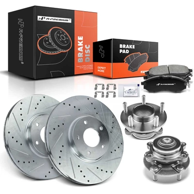 8 Pcs Front Drilled Brake Rotor & Pads + Wheel Hub Bearing