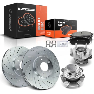 8 Pcs Front Drilled Brake Rotor & Pads + Wheel Hub Bearing