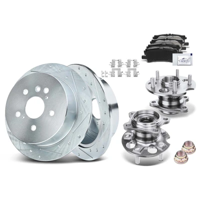 8 Pcs Rear Drilled Brake Rotor & Pads + Wheel Hub Bearing