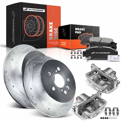 8 Pcs Rear Drilled Brake Rotors & Pads + Brake Calipers