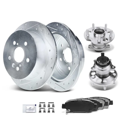8 Pcs Rear Drilled Brake Rotor & Pads + Wheel Hub Bearing