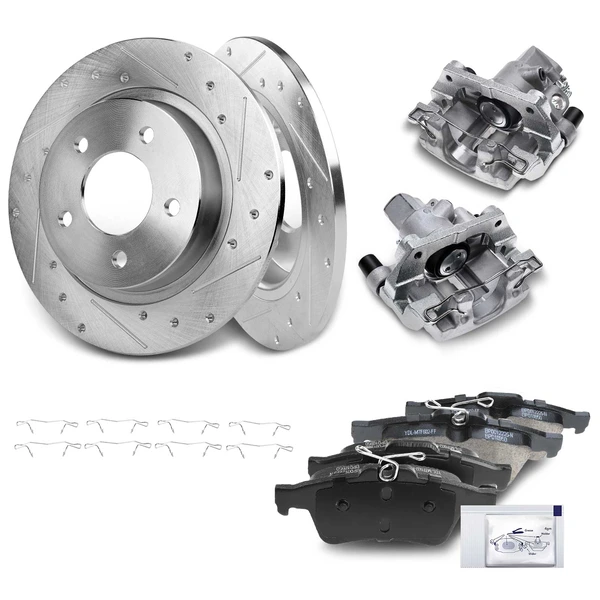 8 Pcs Rear Drilled Brake Rotors & Pads + Brake Calipers for Mazda 3 2005-2008