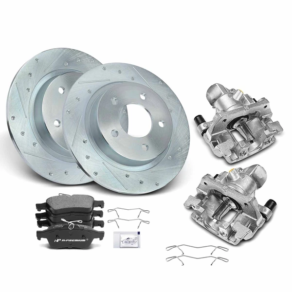 8 Pcs Rear Drilled Brake Rotors & Pads + Brake Calipers for Mazda 3 2009-2013 L4 2.3L 2.5L