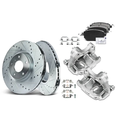 8 Pcs Front Drilled Brake Rotors & Pads + Brake Calipers