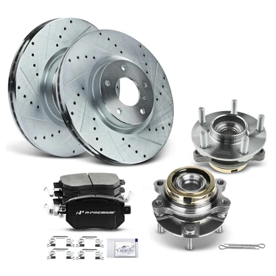 8 Pcs Front Drilled Brake Rotor & Pads + Wheel Hub Bearing