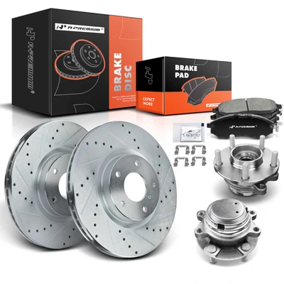 8 Pcs Front Drilled Brake Rotor & Pads + Wheel Hub Bearing
