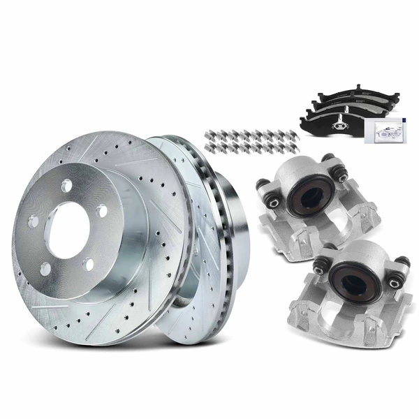 8 Pcs Front Drilled Brake Rotors & Pads + Brake Calipers for Jeep Cherokee 99-01 TJ Wrangler