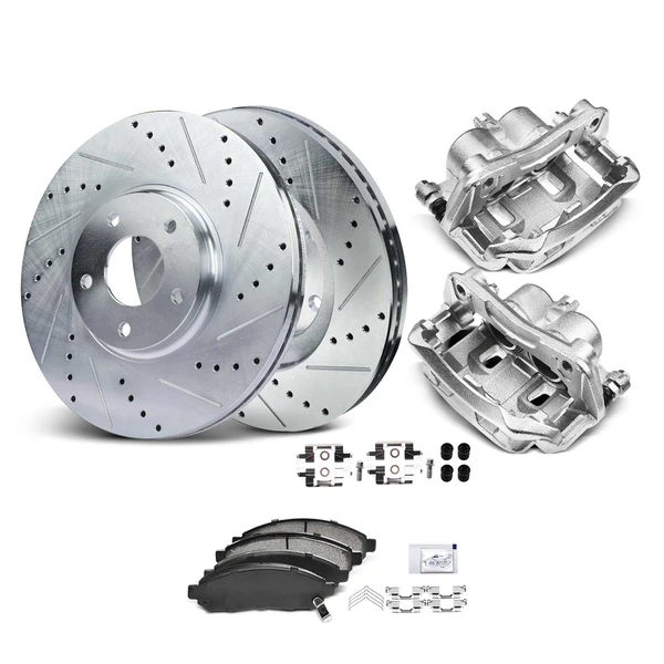8 Pcs Front Drilled Brake Rotors & Pads + Brake Calipers for Nissan Frontier 05-19 Suzuki