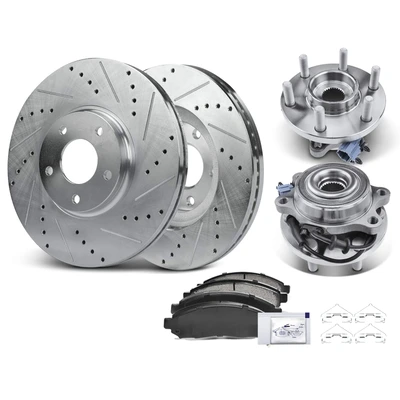 8 Pcs Front Drilled Brake Rotor & Pads + Wheel Hub Bearing