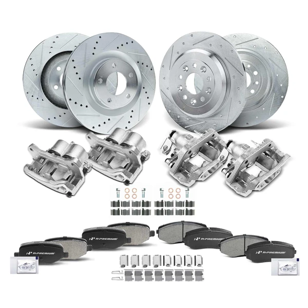 16 Pcs Front & Rear Drilled Brake Rotors & Pads + Brake Calipers for Ford Edge 2011-2014