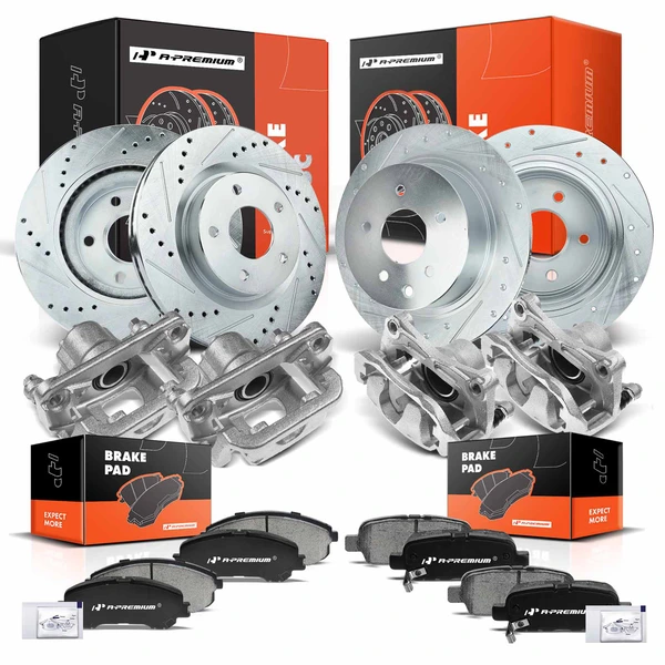 16 Pcs Front & Rear Drilled Brake Rotors & Pads + Brake Calipers for Nissan Altima 07-10