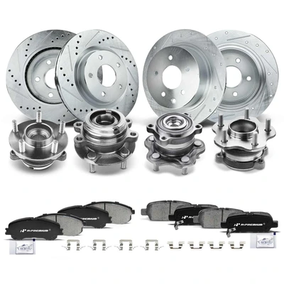 16 Pcs Front & Rear Drilled Brake Rotor & Pads + Wheel Hub Bearing