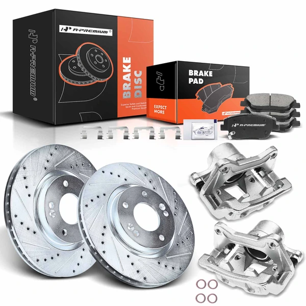 8 Pcs Front Drilled Brake Rotors & Pads + Brake Calipers for Hyundai Sonata Kia Optima 11-16