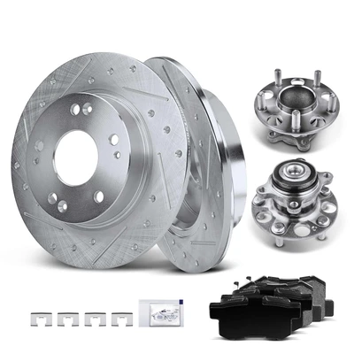 8 Pcs Rear Drilled Brake Rotor & Pads + Wheel Hub Bearing