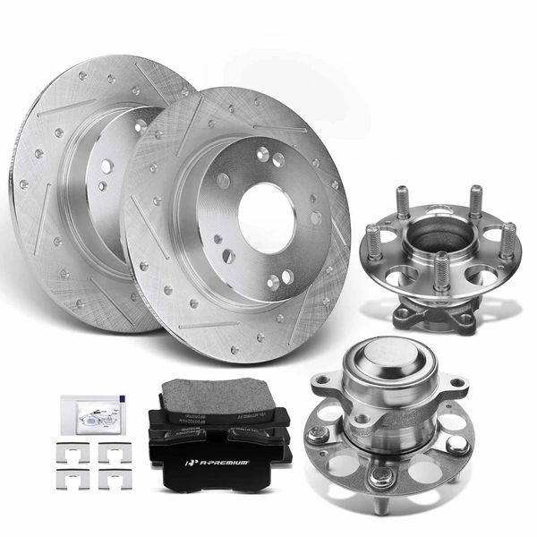 8 Pcs Rear Drilled Brake Rotor & Pads + Wheel Hub Bearing for Acura ILX 2013-2015