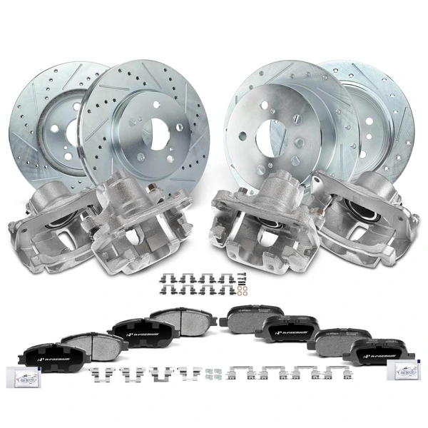 16 Pcs Front & Rear Drilled Brake Rotors & Pads + Brake Calipers for Toyota Avalon Camry