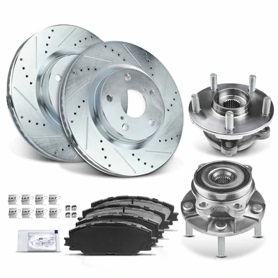 8 Pcs Front Drilled Brake Rotor & Pads + Wheel Hub Bearing