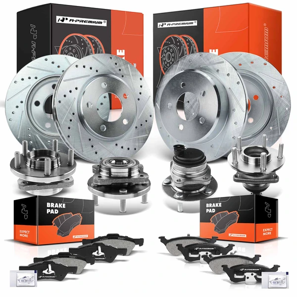 16 Pcs Front & Rear Drilled Brake Rotor & Pads + Wheel Hub Bearing for Chrysler Dodge Caravan