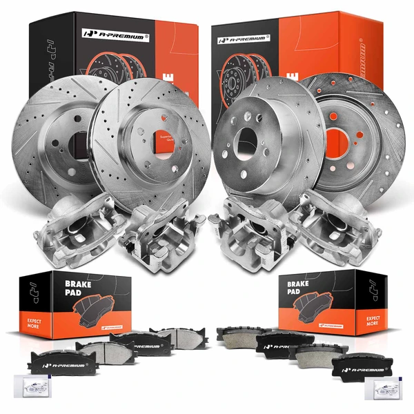 16 Pcs Front & Rear Drilled Brake Rotors & Pads + Brake Calipers for Toyota Camry Lexus