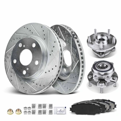 8 Pcs Front Drilled Brake Rotor & Pads + Wheel Hub Bearing