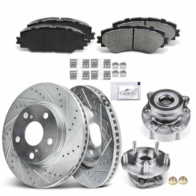 8 Pcs Front Drilled Brake Rotor & Pads + Wheel Hub Bearing