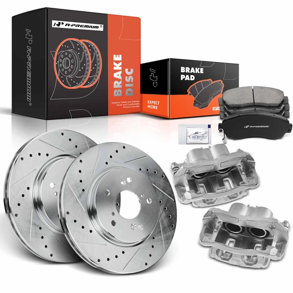 8 Pcs Front Drilled Brake Rotors & Pads + Brake Calipers for Honda CR-V 07-16 Crosstour Acura