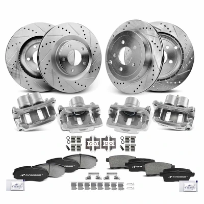 16 Pcs Front & Rear Drilled Brake Rotors & Pads + Brake Calipers