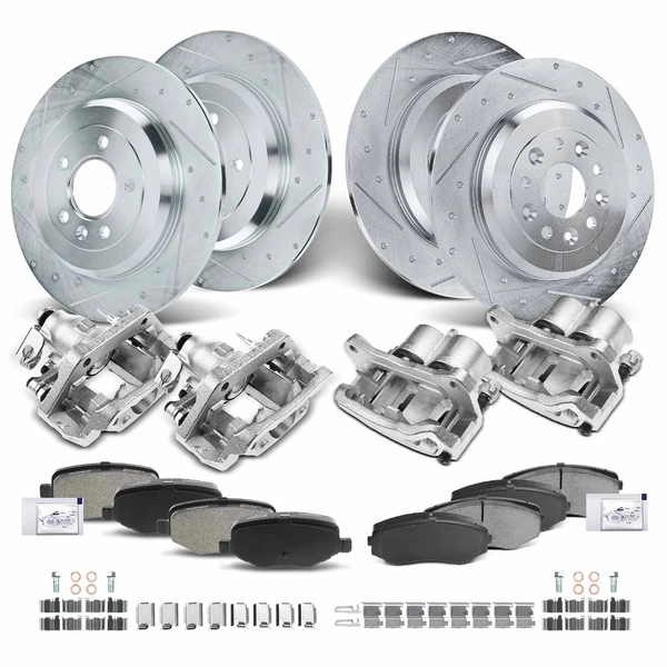 16 Pcs Front & Rear Drilled Brake Rotors & Pads + Brake Calipers for Ford Edge Lincoln MKX 11-15