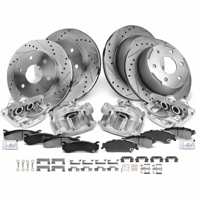 16 Pcs Front & Rear Drilled Brake Rotors & Pads + Brake Calipers