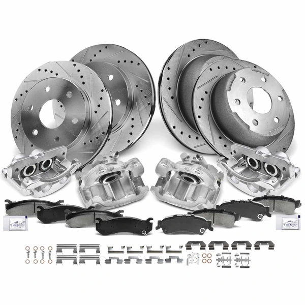 16 Pcs Front & Rear Drilled Brake Rotors & Pads + Brake Calipers for Chevy Silverado 1500 00-02 GMC