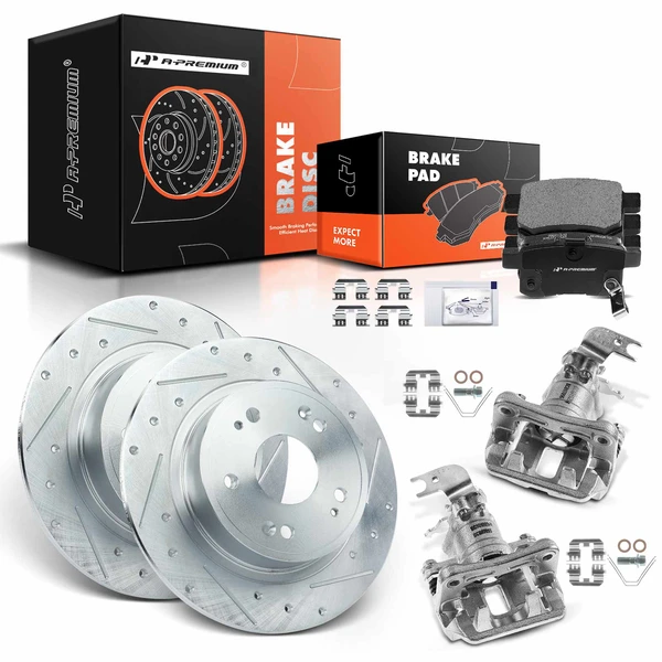 8 Pcs Rear Drilled Brake Rotors & Pads + Brake Calipers for Honda Accord 2013-2017