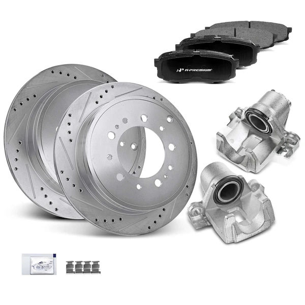 8 Pcs Rear Drilled Brake Rotors & Pads + Brake Calipers for Lexus LX570 Toyota 08-15