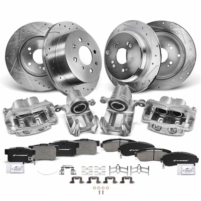 16 Pcs Front & Rear Drilled Brake Rotors & Pads + Brake Calipers