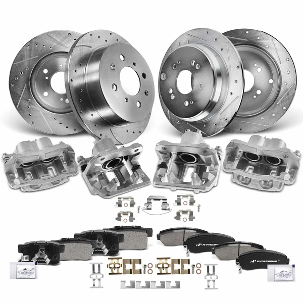 16 Pcs Front & Rear Drilled Brake Rotors & Pads + Brake Calipers for Honda CR-V 2007-2016