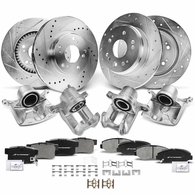 16 Pcs Front & Rear Drilled Brake Rotors & Pads + Brake Calipers