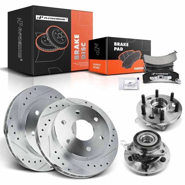 8 Pcs Front Drilled Brake Rotor & Pads + Wheel Hub Bearing for Cadillac Escalade GMC 4WD