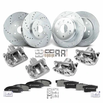 16 Pcs Front & Rear Drilled Brake Rotors & Pads + Brake Calipers