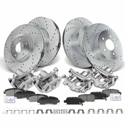 16 Pcs Front & Rear Drilled Brake Rotors & Pads + Brake Calipers
