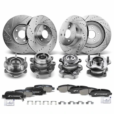 16 Pcs Front & Rear Drilled Brake Rotor & Pads + Wheel Hub Bearing