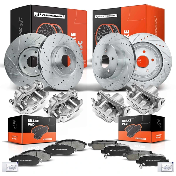 16 Pcs Front & Rear Drilled Brake Rotors & Pads + Brake Calipers for Nissan 350Z INFINITI G35