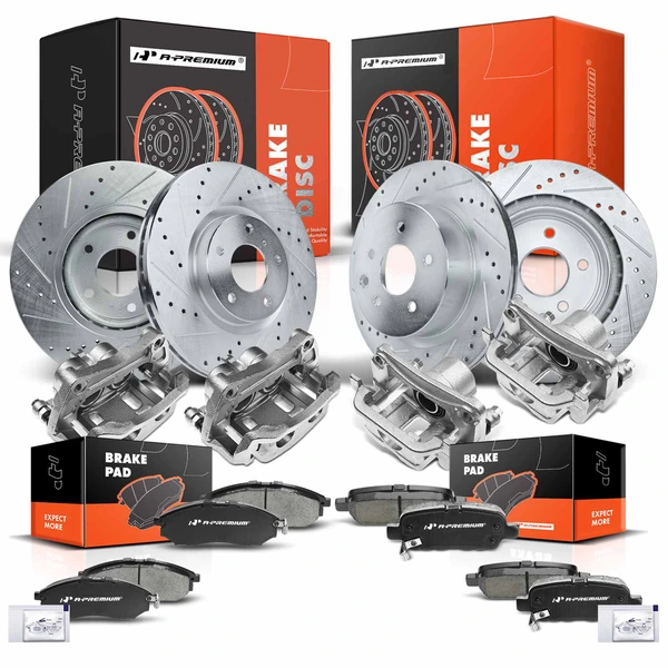 16 Pcs Front & Rear Drilled Brake Rotors & Pads + Brake Calipers for Nissan 370Z INFINITI