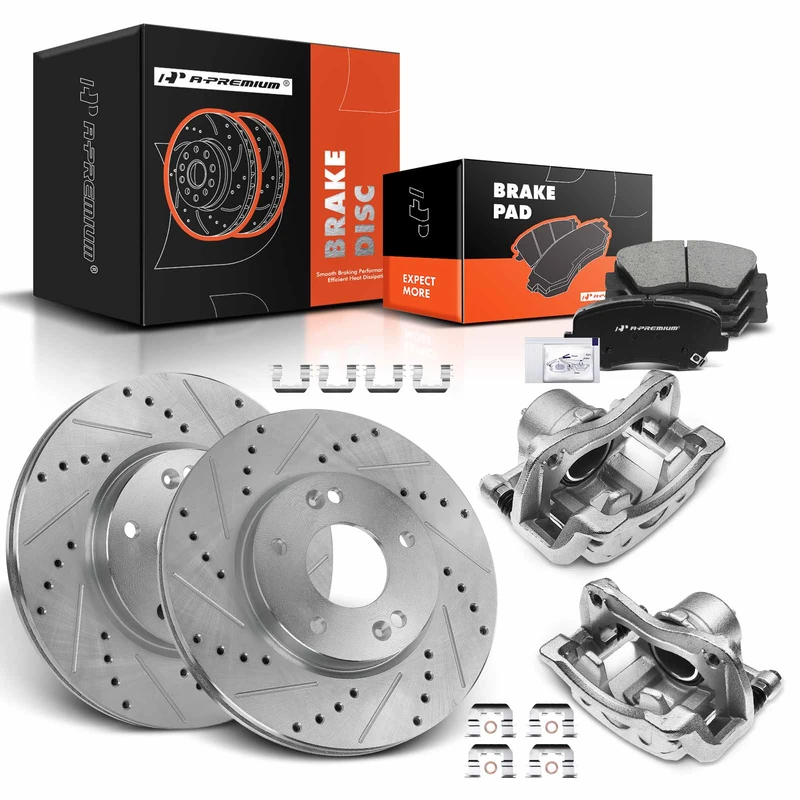 8 Pcs Front Drilled Brake Rotors & Pads + Brake Calipers for Hyundai Elantra Coupe 2011-2016