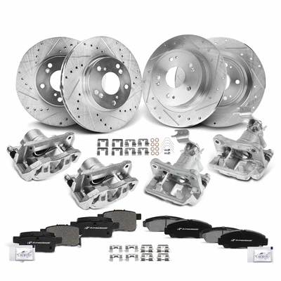 16 Pcs Front & Rear Drilled Brake Rotors & Pads + Brake Calipers