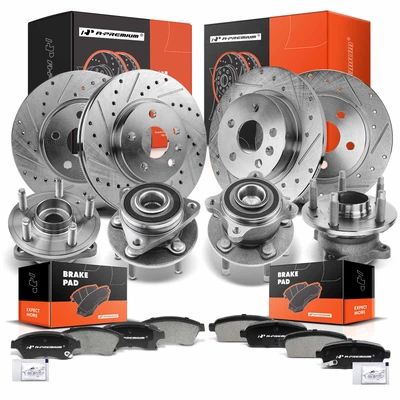 16 Pcs Front & Rear Drilled Brake Rotor & Pads + Wheel Hub Bearing