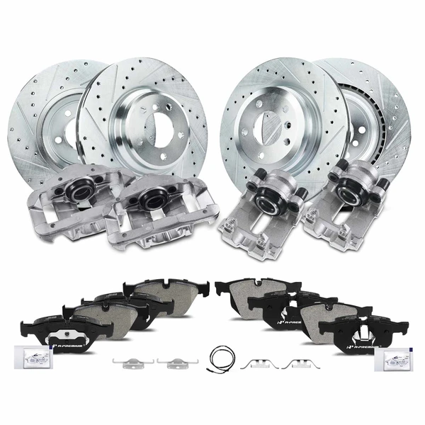 16 Pcs Front & Rear Drilled Brake Rotors & Pads + Brake Calipers for BMW E90 E92 E93 335d 335i